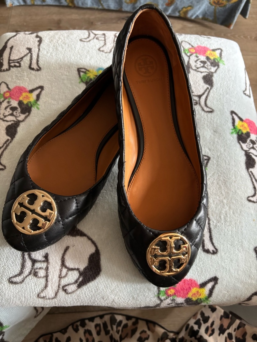 Tory Burch Black Quilted Leather Ballet Flats with Gold Logo